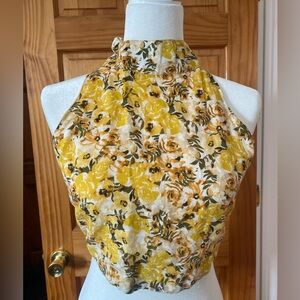 Something Navy Yellow Floral Halter Top Open Back Tie Crop Linen Blend Size M